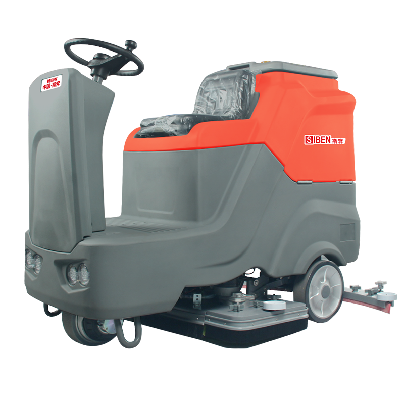 X8 Ride-On Scrubber - Product Photo Siben X8 heavy-duty ride-on floor scrubber white background product image, three-quarter view showing operator seat, control panel, brush deck, and rear squeegee assembly