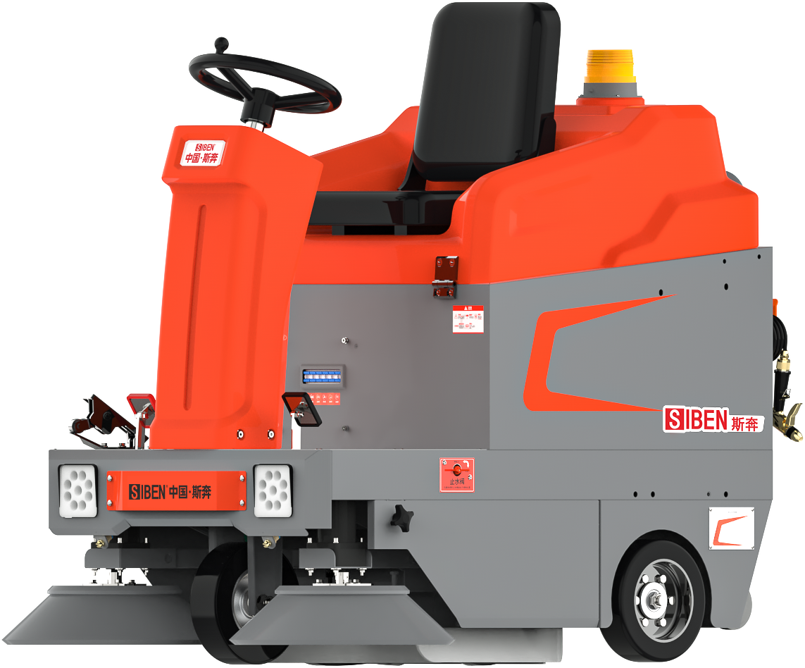 Siben A300 ride-on industrial sweeper achieving 60dB noise level with 2000W total power and compact 1500mm length for quiet cleaning in noise-sensitive environments