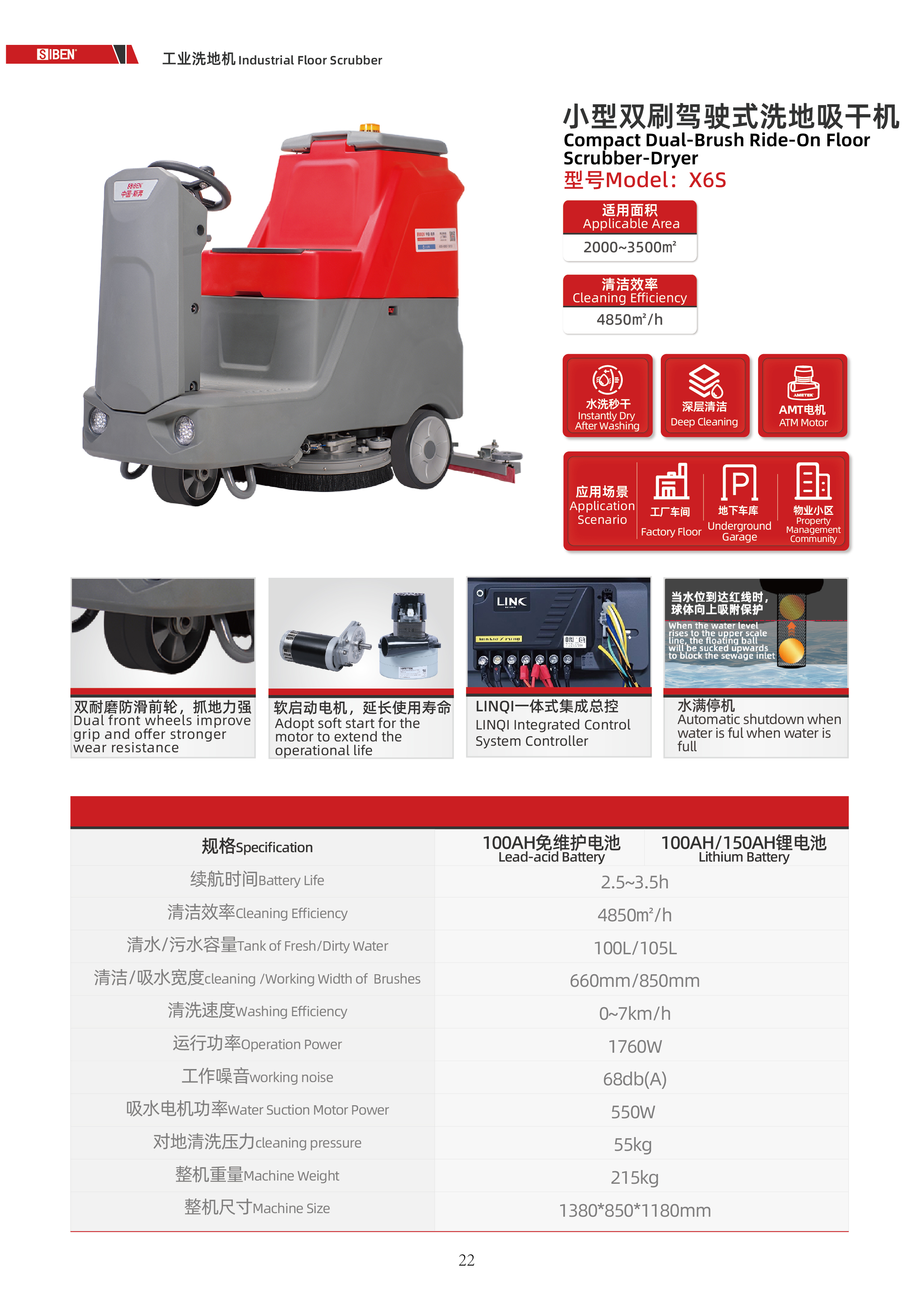 Figure 4: Siben X6S Compact Ride-On Scrubber - Consistent streak-free cleaning depends on proper brush selection, pressure, and detergent dilution 04-x6s-compact-scrubber